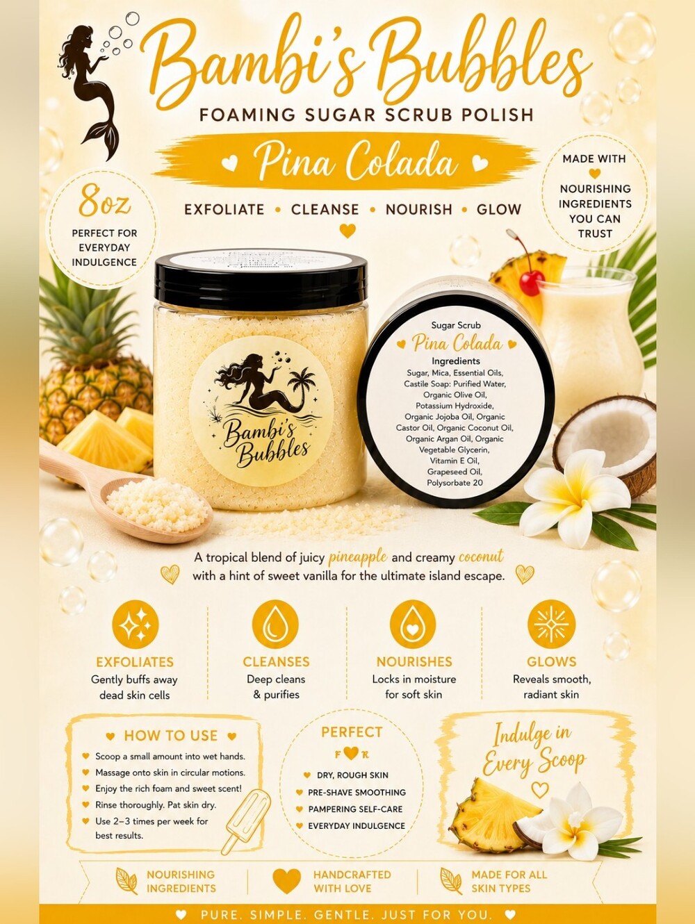 Pina Colada 8oz Hand Crafted Foaming Sugar Polish Scrub